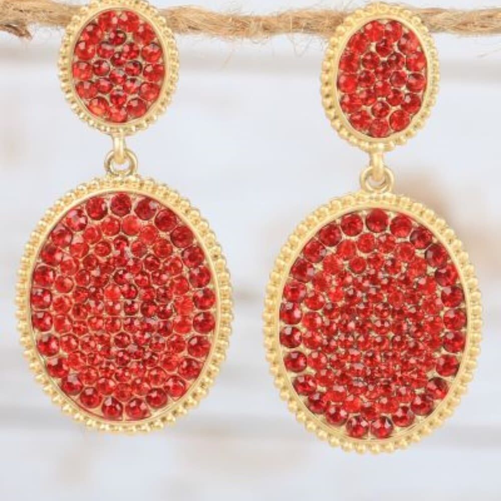 Red Gold Crystal Oval Drop Earrings